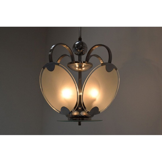 Image 1 of Vintage art deco kroonluchter van glas en chroom, Tsjecho-Slowakije 1930
