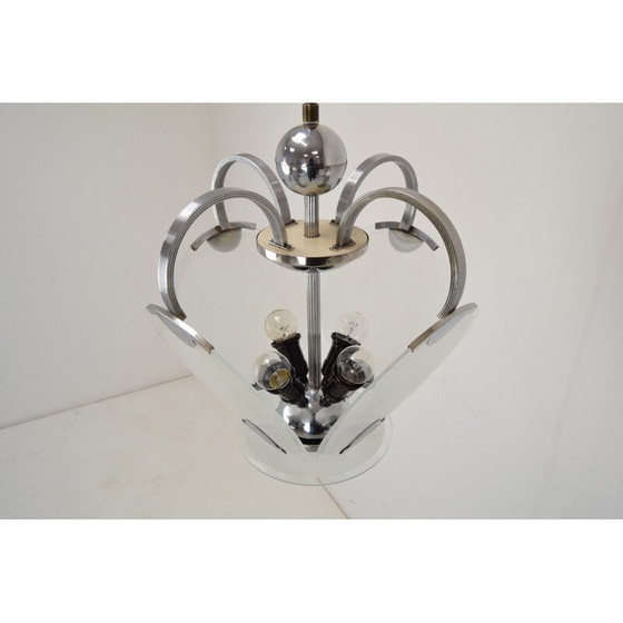 Image 1 of Vintage art deco kroonluchter van glas en chroom, Tsjecho-Slowakije 1930