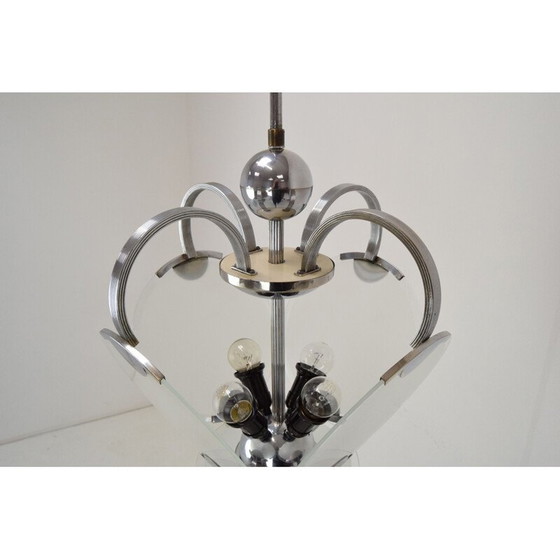 Image 1 of Vintage art deco kroonluchter van glas en chroom, Tsjecho-Slowakije 1930