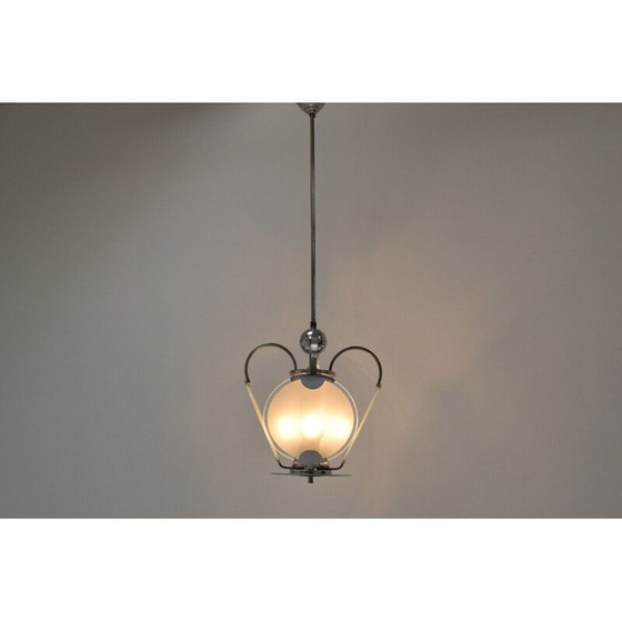 Image 1 of Vintage art deco kroonluchter van glas en chroom, Tsjecho-Slowakije 1930