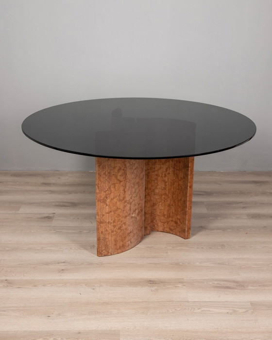 Image 1 of Vintage 1970S ronde tafel in travertijn en glas Italiaans ontwerp