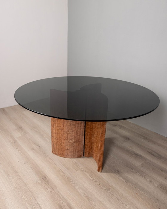 Image 1 of Vintage 1970S ronde tafel in travertijn en glas Italiaans ontwerp