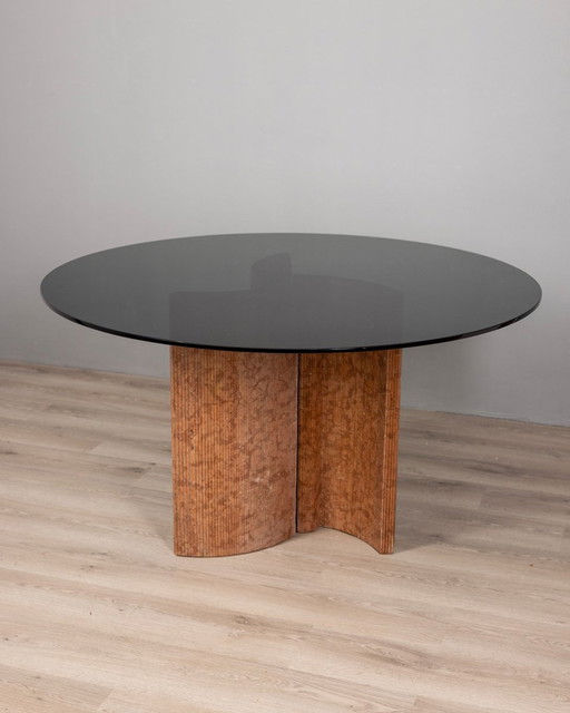 Vintage 1970S ronde tafel in travertijn en glas Italiaans ontwerp