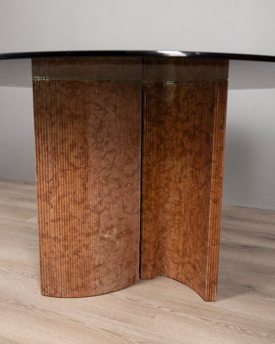 Image 1 of Vintage 1970S ronde tafel in travertijn en glas Italiaans ontwerp