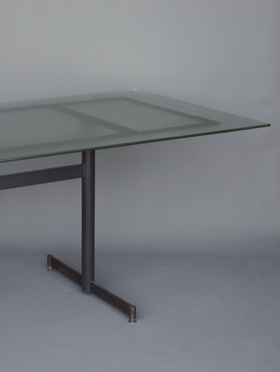 Image 1 of Mid Century Nederlandse industriële tafel van glas en staal