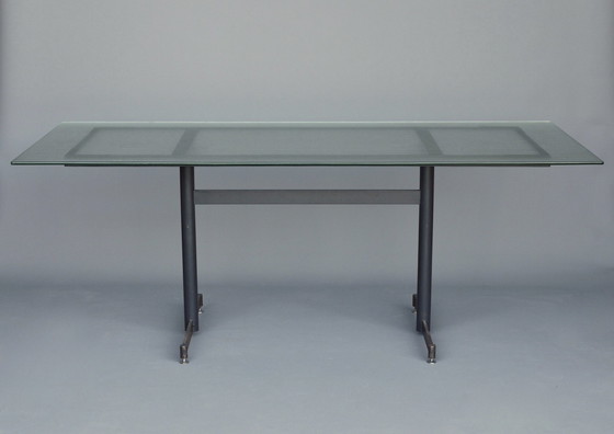 Image 1 of Mid Century Nederlandse industriële tafel van glas en staal