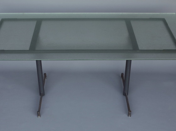 Image 1 of Mid Century Nederlandse industriële tafel van glas en staal