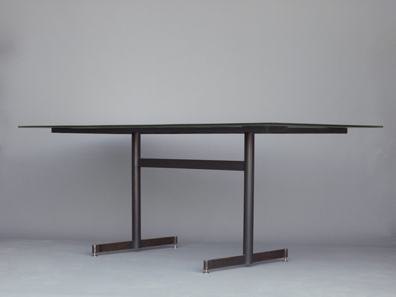 Image 1 of Mid Century Nederlandse industriële tafel van glas en staal