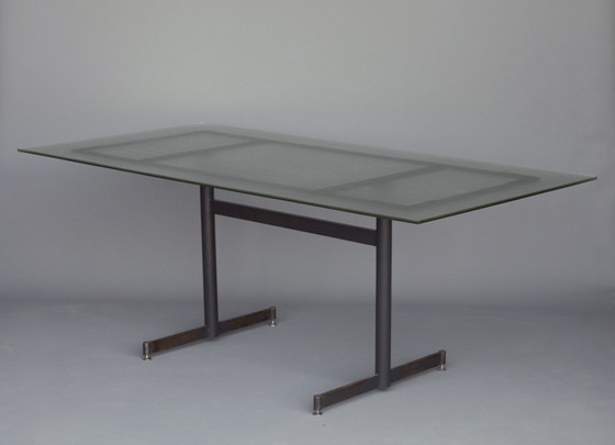 Image 1 of Mid Century Nederlandse industriële tafel van glas en staal