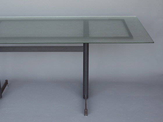 Image 1 of Mid Century Nederlandse industriële tafel van glas en staal