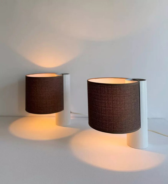 Image 1 of 2X Vintage tafellamp, wit en bruin, "Fluette" van Gramigna