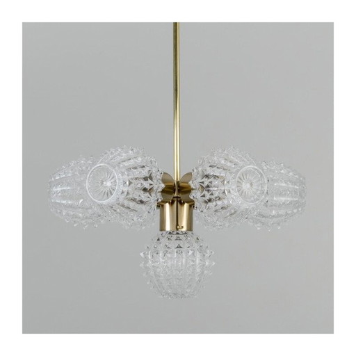 Vintage kroonluchter in gegoten glas en geborsteld messing verguld voor Lustry Kamenicky Senov, Tsjecho-Slowakije 1970