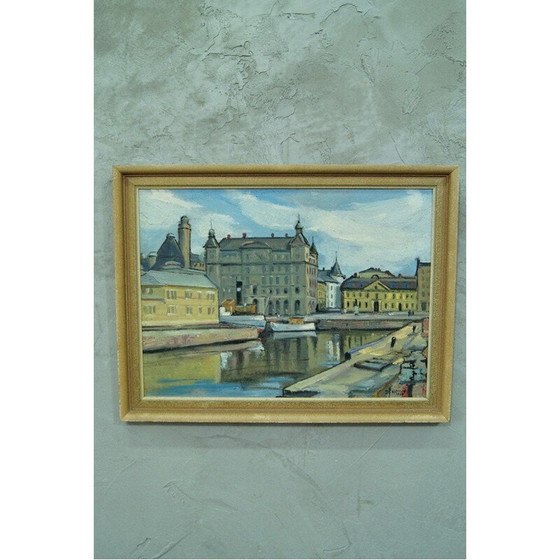 Image 1 of Vintage olieverfschilderij Stockholm stadsgezicht door Hjalmar Larsson, Zweden 1940