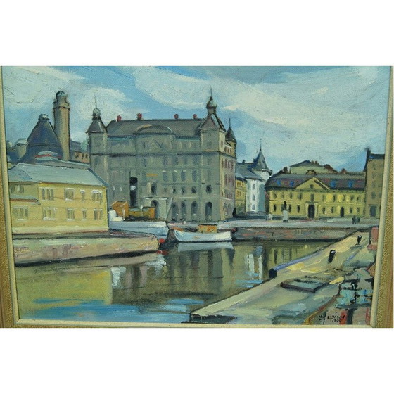 Image 1 of Vintage olieverfschilderij Stockholm stadsgezicht door Hjalmar Larsson, Zweden 1940
