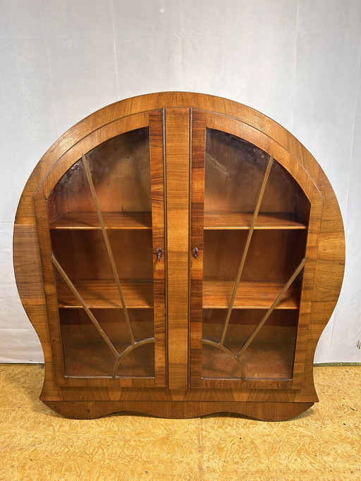 Art Deco Brocante Vintage Vitrinekast van Walnoot met Zonnestraal Ontwerp 1930-1940