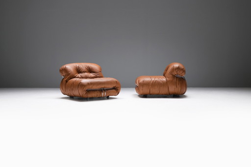 Vintage Soriana set in cognac leer van Afra e Tobia Scarpa voor Cassina Italië