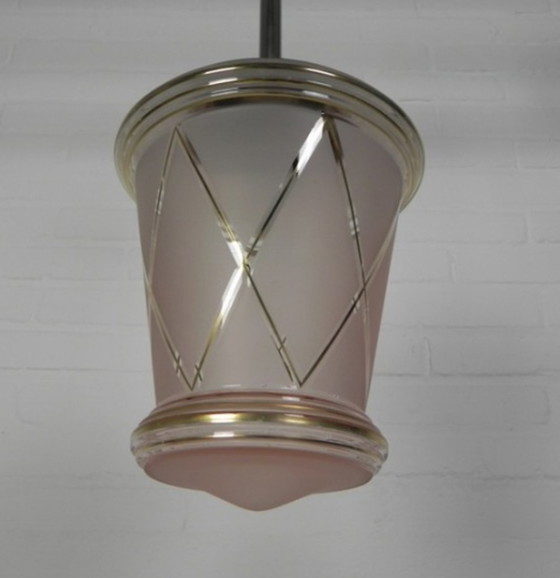 Image 1 of Art Deco hanglamp met roze glazen kap