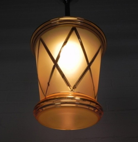 Image 1 of Art Deco hanglamp met roze glazen kap