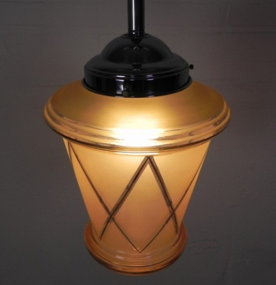 Image 1 of Art Deco hanglamp met roze glazen kap