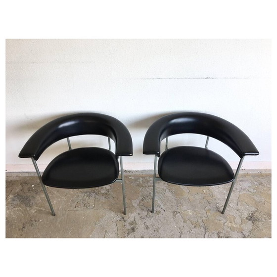 Image 1 of Paar vintage "Gamma" fauteuils in grijs metaal en zwart leer van Rudolf Wolf, 1960