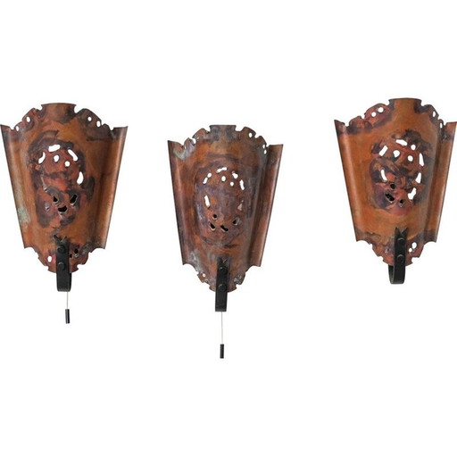 Set van 3 mid-century brutalistisch koperen wandlampen, Nederland 1970