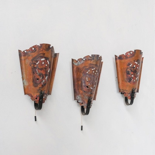 Set van 3 mid-century brutalistisch koperen wandlampen, Nederland 1970