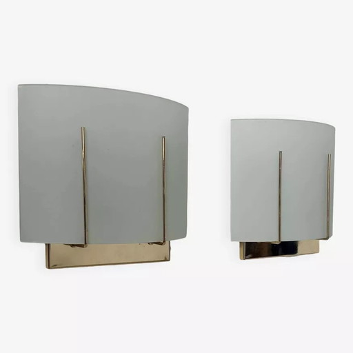 2X Vintage wandlampen, verguld messing en gezandstraald glas