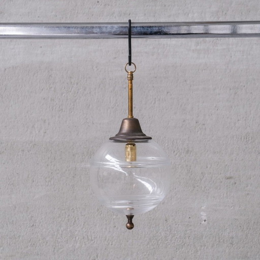 Vintage hanglamp van transparant glas en messing, Nederland 1950