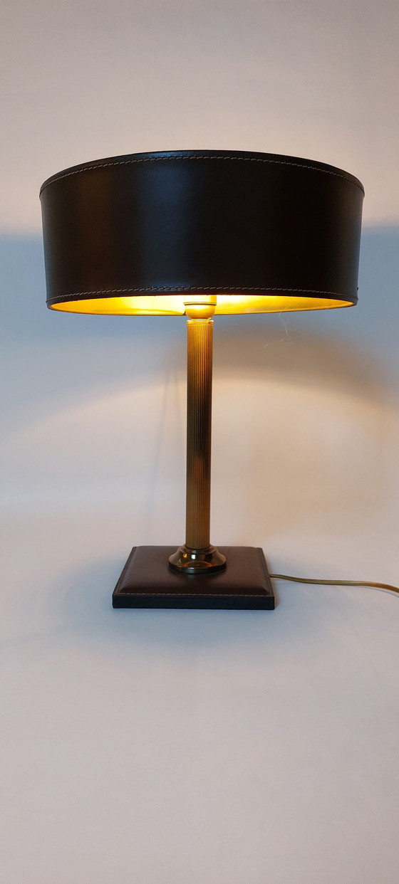 Image 1 of Square Bass Table Lamp In Brown Leather