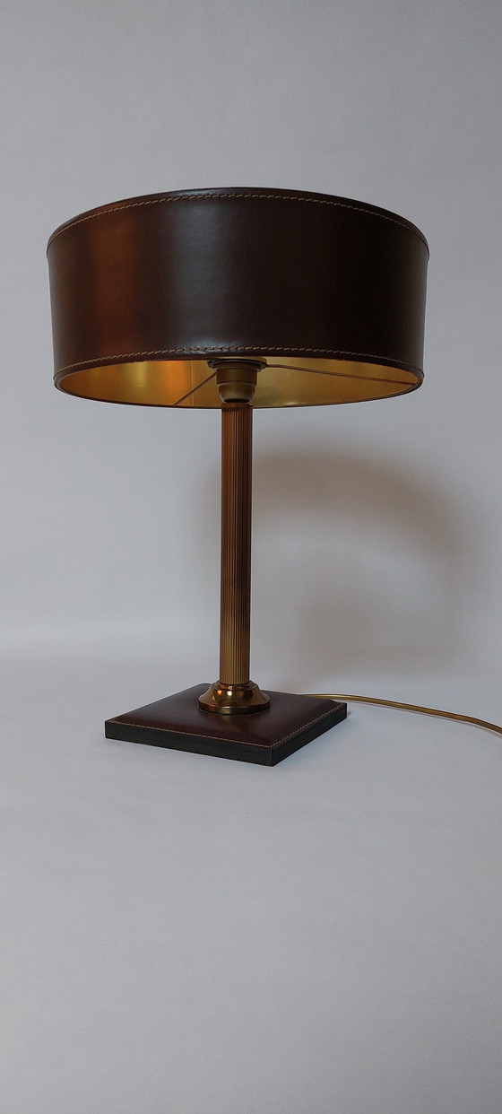 Image 1 of Square Bass Table Lamp In Brown Leather