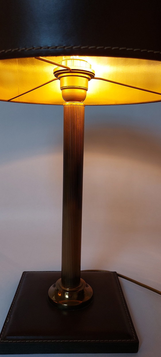 Image 1 of Square Bass Table Lamp In Brown Leather