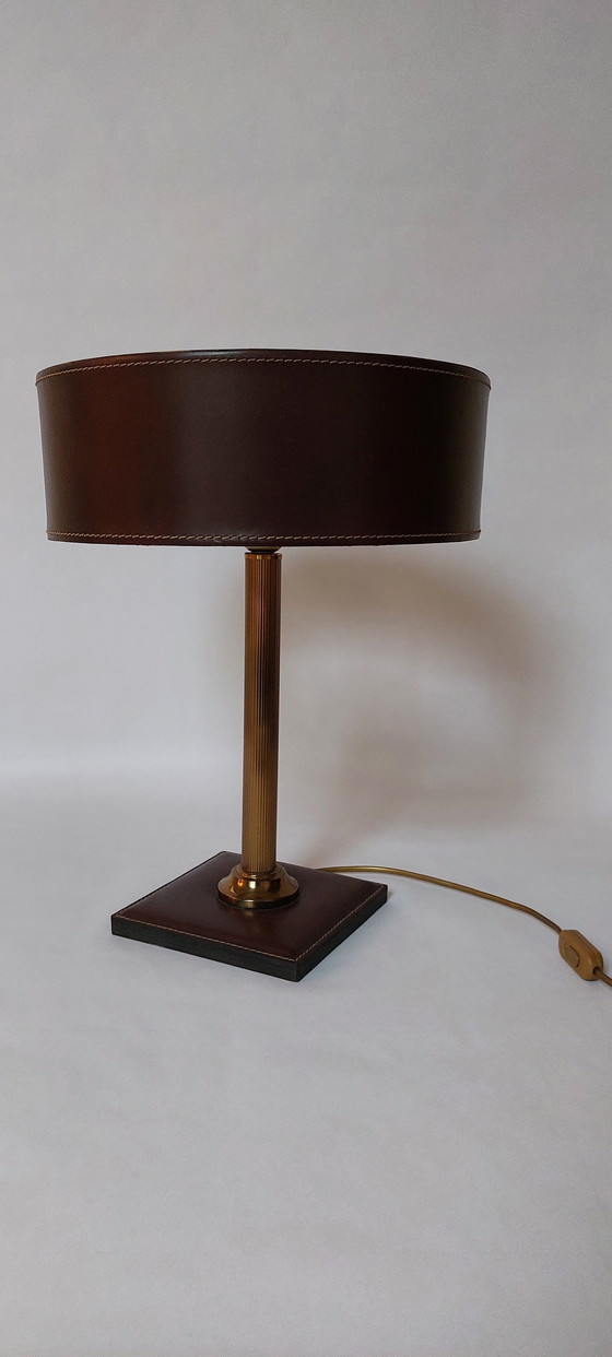 Image 1 of Square Bass Table Lamp In Brown Leather