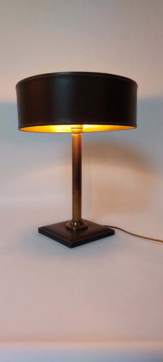 Image 1 of Square Bass Table Lamp In Brown Leather