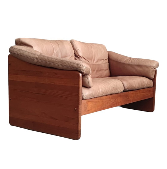 Image 1 of Teak Bank Leder Sofa Sesssel 60s Vintage Retro Tweezitter Leder Tweezitter 60S