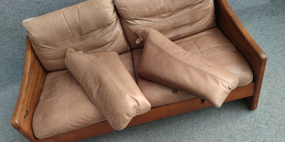 Image 1 of Teak Bank Leder Sofa Sesssel 60s Vintage Retro Tweezitter Leder Tweezitter 60S