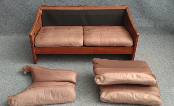 Image 1 of Teak Bank Leder Sofa Sesssel 60s Vintage Retro Tweezitter Leder Tweezitter 60S