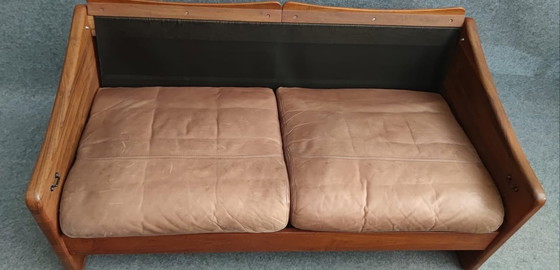 Image 1 of Teak Bank Leder Sofa Sesssel 60s Vintage Retro Tweezitter Leder Tweezitter 60S