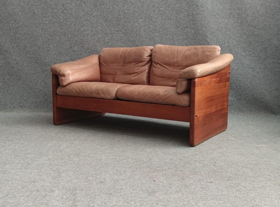 Image 1 of Teak Bank Leder Sofa Sesssel 60s Vintage Retro Tweezitter Leder Tweezitter 60S