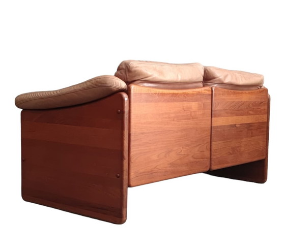 Image 1 of Teak Bank Leder Sofa Sesssel 60s Vintage Retro Tweezitter Leder Tweezitter 60S