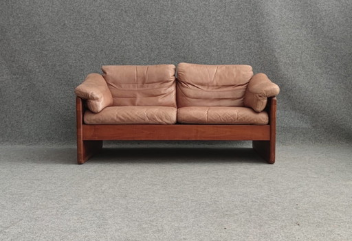 Teak Bank Leder Sofa Sesssel 60s Vintage Retro Tweezitter Leder Tweezitter 60S