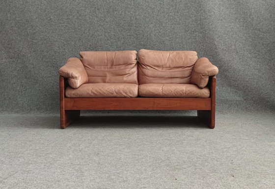 Image 1 of Teak Bank Leder Sofa Sesssel 60s Vintage Retro Tweezitter Leder Tweezitter 60S