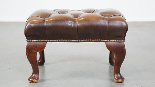 Bruine Rundleren Chesterfield Hocker