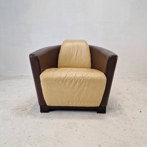 Image 1 of Paar vintage fauteuils in massief hout en beige leer voor Calia, Italië 1980