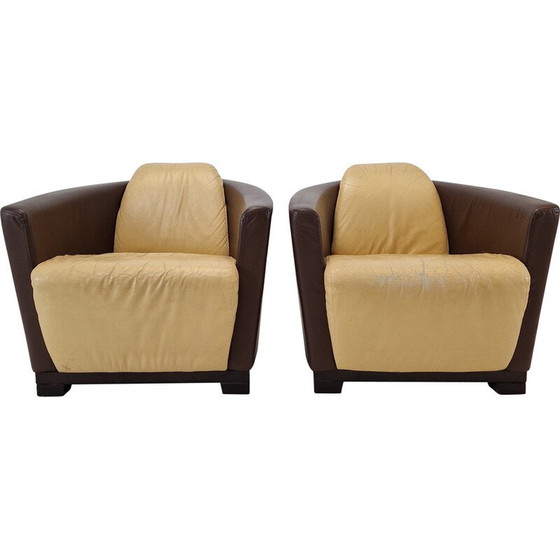 Image 1 of Paar vintage fauteuils in massief hout en beige leer voor Calia, Italië 1980