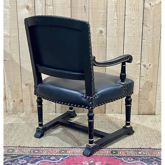 Image 1 of Vintage fauteuil in gezwart hout en zwart leer, Engeland 1950