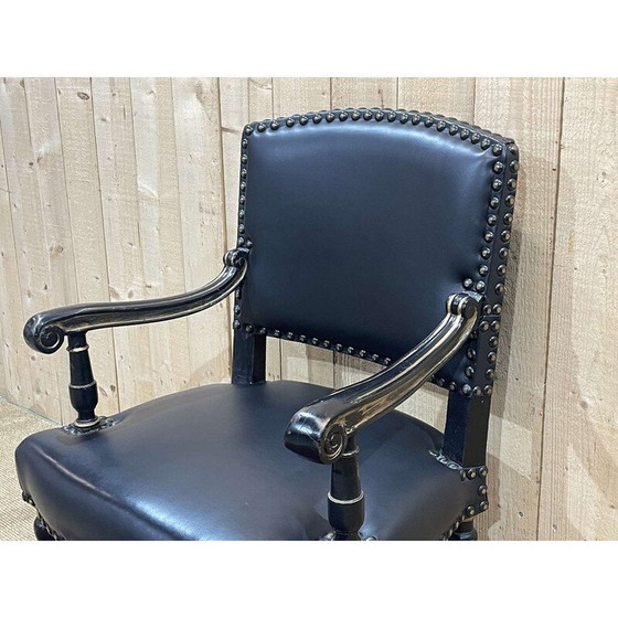 Image 1 of Vintage fauteuil in gezwart hout en zwart leer, Engeland 1950