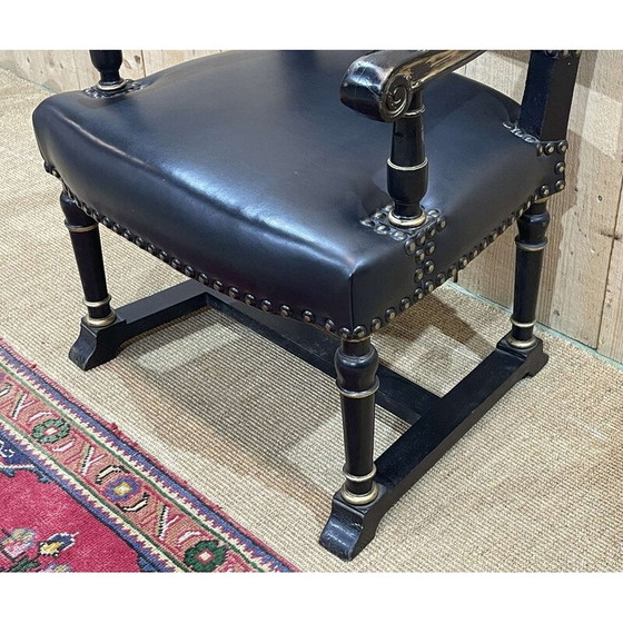 Image 1 of Vintage fauteuil in gezwart hout en zwart leer, Engeland 1950