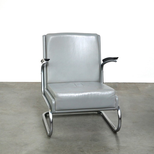 Vintage grijze rundleren bauhaus design fauteuil