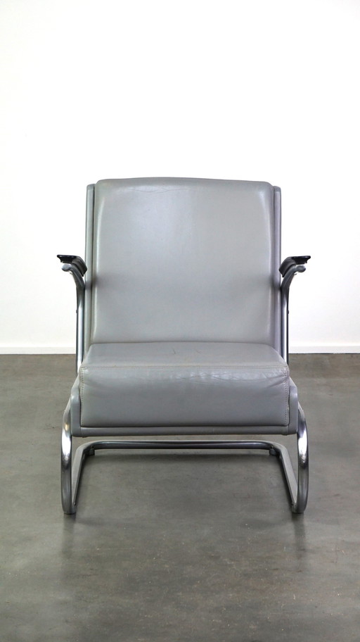 Vintage grijze rundleren bauhaus design fauteuil