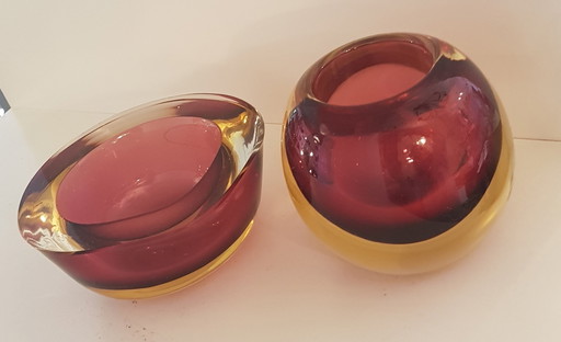 2X oude glazen schalen van Murano glas van Flavio Poli